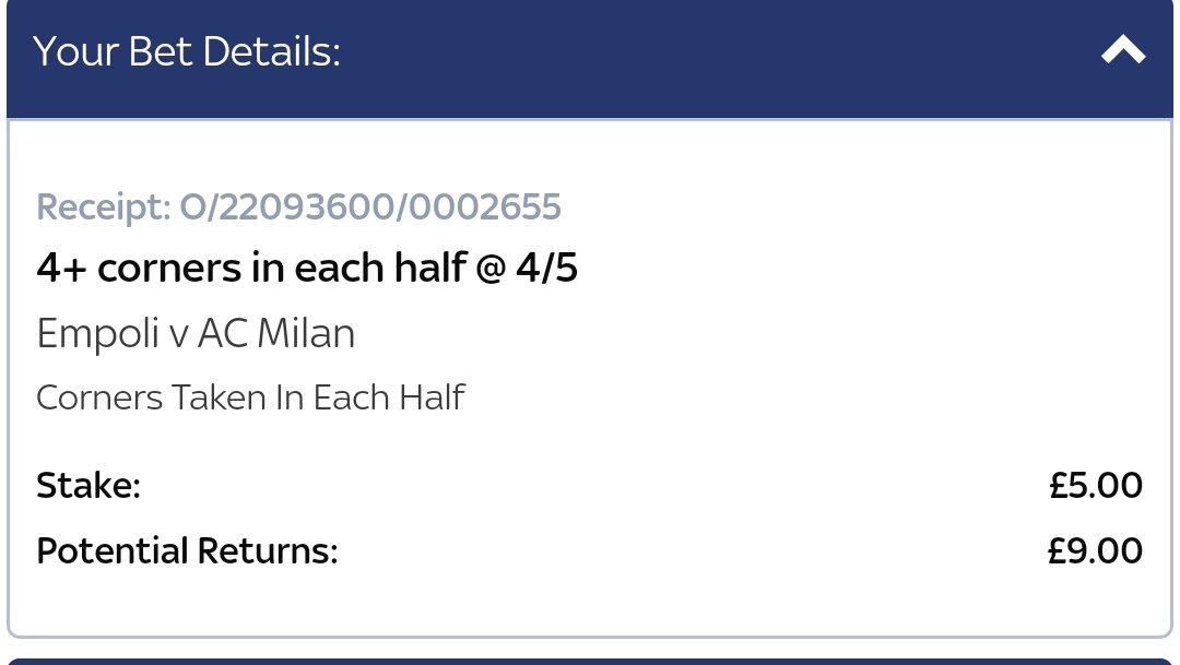 ⏱️ #INPLAY
⚽ Empoli v AC Milan
➡️ 4+ Corners Each Half
📈 ODDS : 4/5
📊 STAKE : 1pt
🇮🇹 ITALY Serie A