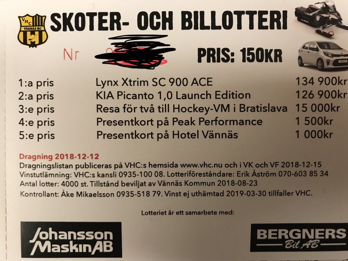 erik_astrom's tweet image. Hej twitter. Hockey-Sveriges bästa lotteri är här. Om ni är sugna på att ta chansen att vinna en skoter, bil eller resa till Hockey-VM så hör av er. Pris endast 150kr. #vännäshc