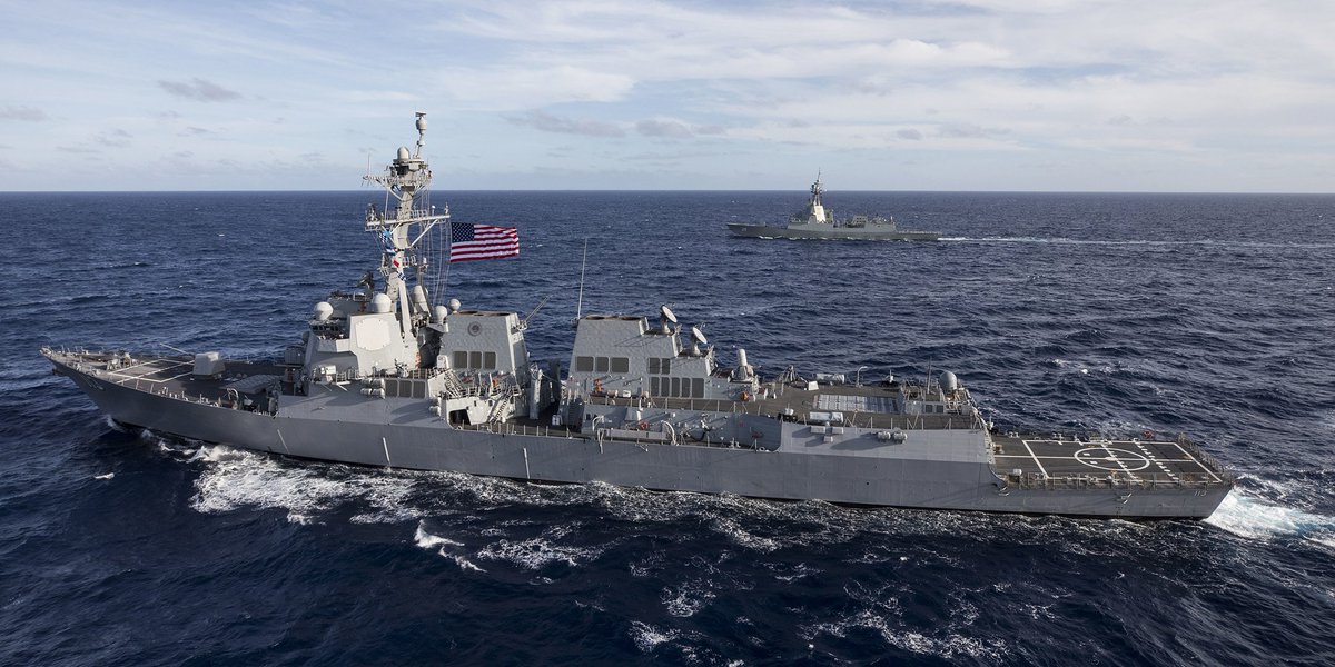 #USSJohnFinn and the @Australian_Navy's #HMASHobart conduct maneuvers during a recent engagement in the eastern Pacific as part of events celebrating 100 years of #mateship between our nations dating back to the WWI Battle of Hamel in 1918.