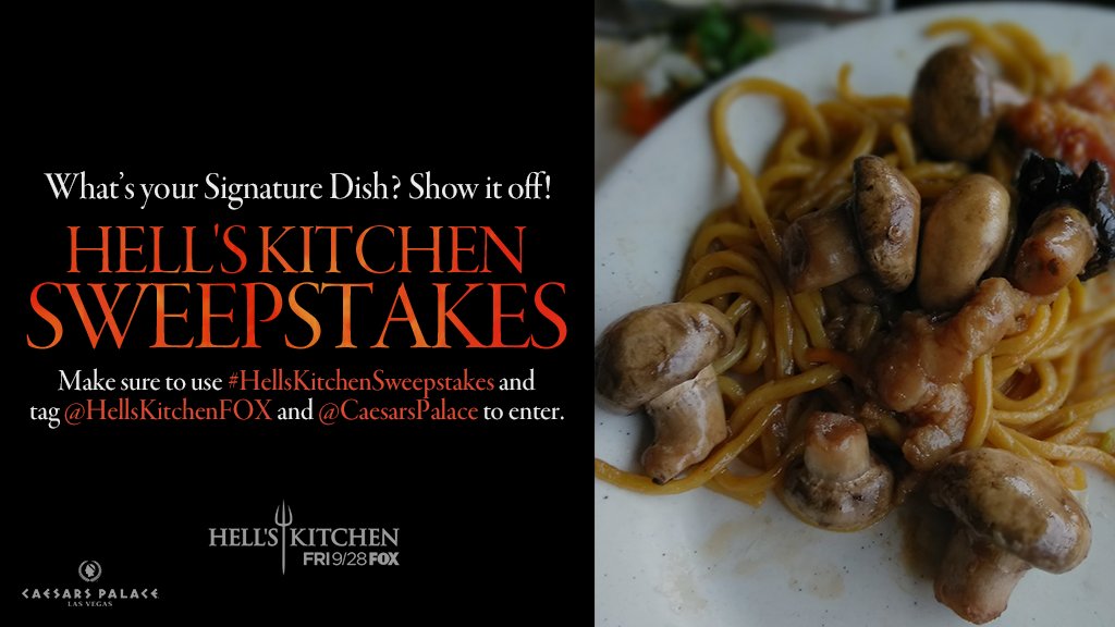 HellsKitchenFOX's tweet photo. Viva Las Vegas! Tweet a pic of your Signature Dish with #HellsKitchenSweepstakes & BOTH @HellsKitchenFOX & @CaesarsPalace for your chance to win a trip to Vegas & dinner at #HellsKitchen. 🎲🎰
📸: @helloilene https://t.co/EZ1WtvrcZr NoPurchNec. 48 contiguous US,21+ Ends 9/28/18 https://t.co/Ax760etk0W