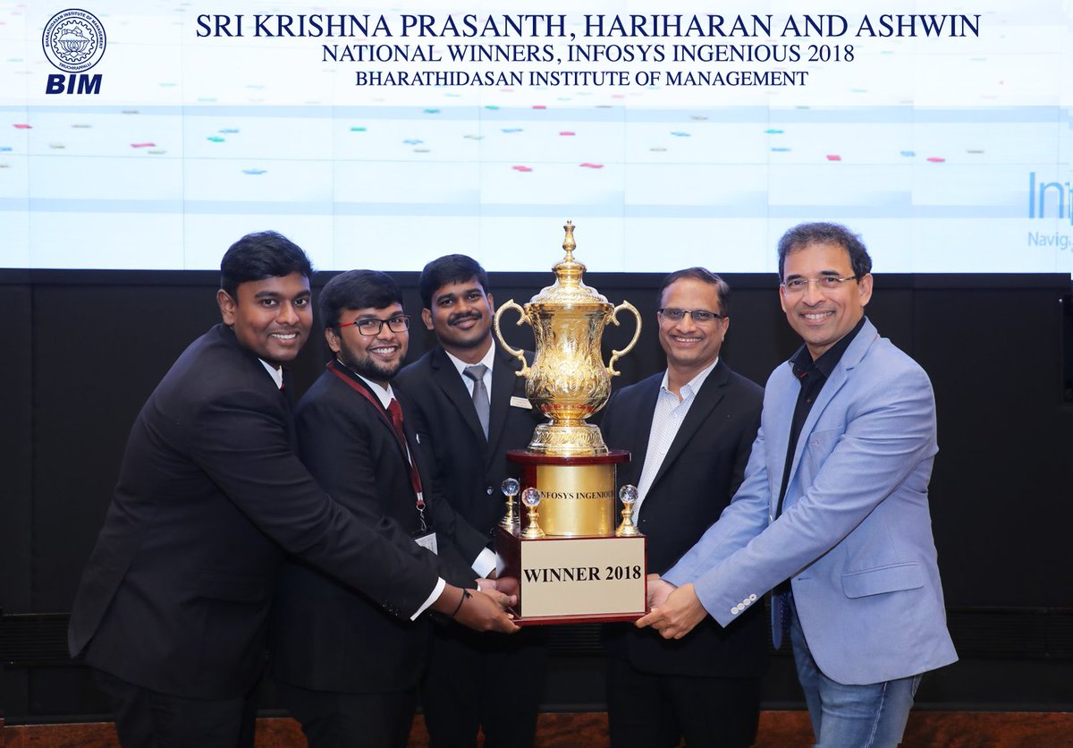 BIMTrichy's tweet photo. Sri Krishna Prasanth, Hariharan and Ashwin from BIM Trichy, are the National winners in #InfosysIngenious 2018. They are awarded with 1 lakh cash prize and a Pre Placement Interview opportunity with Infosys.
#Infosys #BimTrichy #HarshaBogle https://t.co/z9WFDbazo8