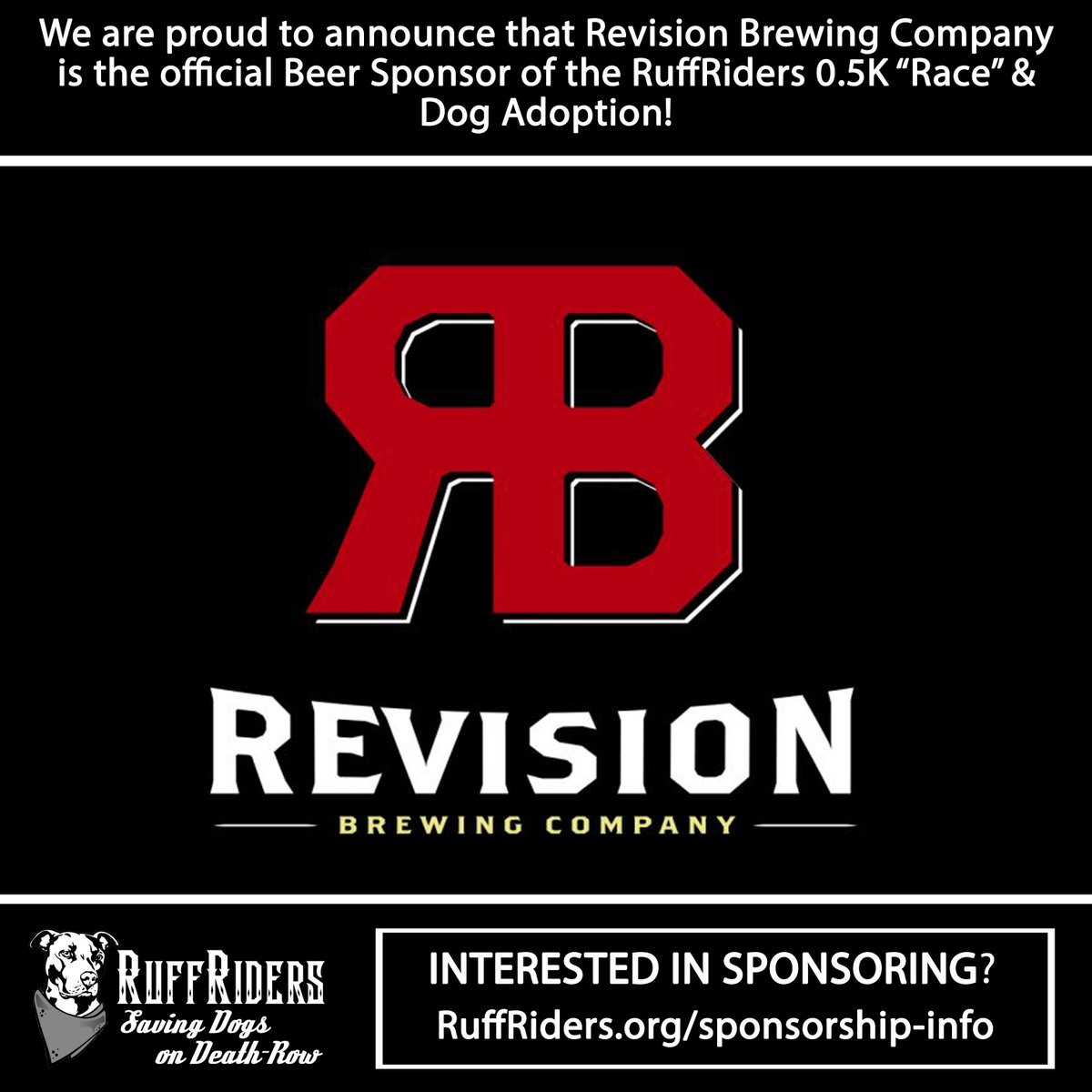 RuffRidersSaves's tweet photo. π We are proud to announce @RevisionBrewing Company is the official Beer Sponsor of the #RuffRiders #Point5kRace & Dog Adoption! πΊ If you're interested in sponsoring, please visit: https://t.co/cgxX0g9M2S πΆ
#RuffRidersSaves #Reno #NV #IdlewildPark #Point5k #RaceForTheRestOfUs https://t.co/W25nUOk9AW