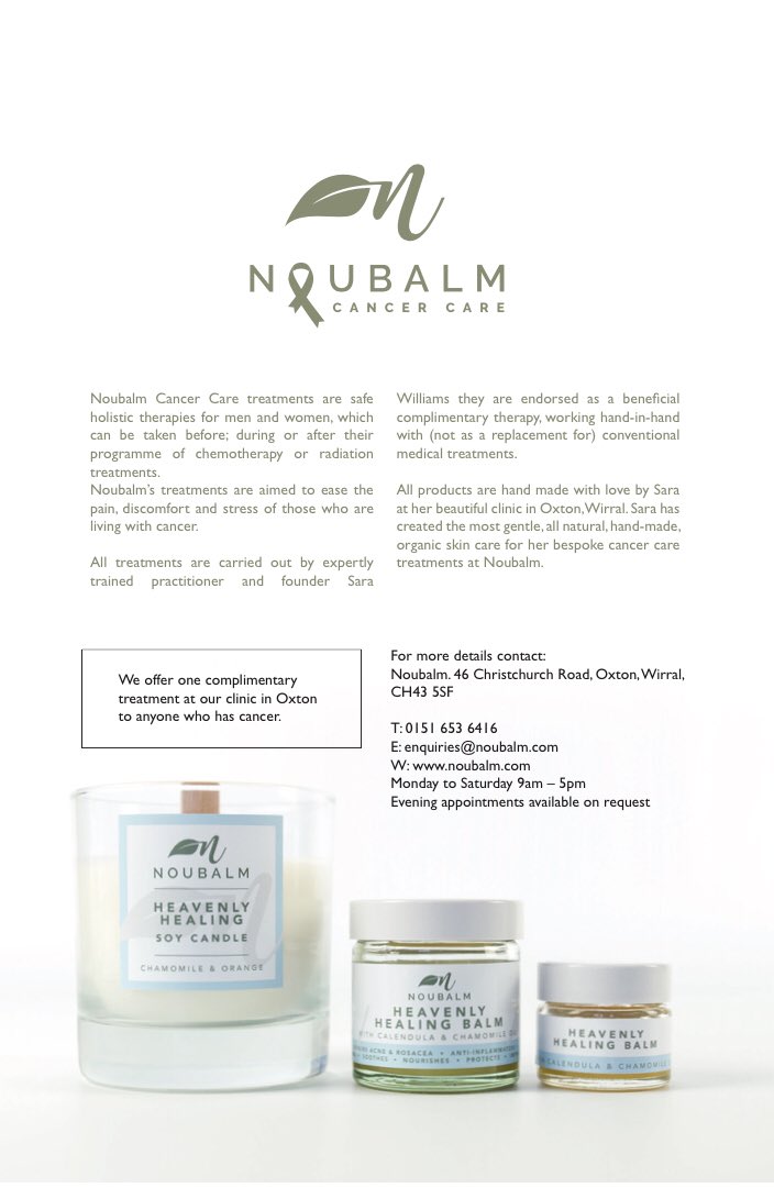 Do you know anyone effected by cancer ?
We are delighted to offer one complimentary Noubalm cancer 
care treatment at our clinic
Full details for bookings and our full  treatment menu is available on our website.

#noubalm 
#oxton 
#wirral

Noubalm.com