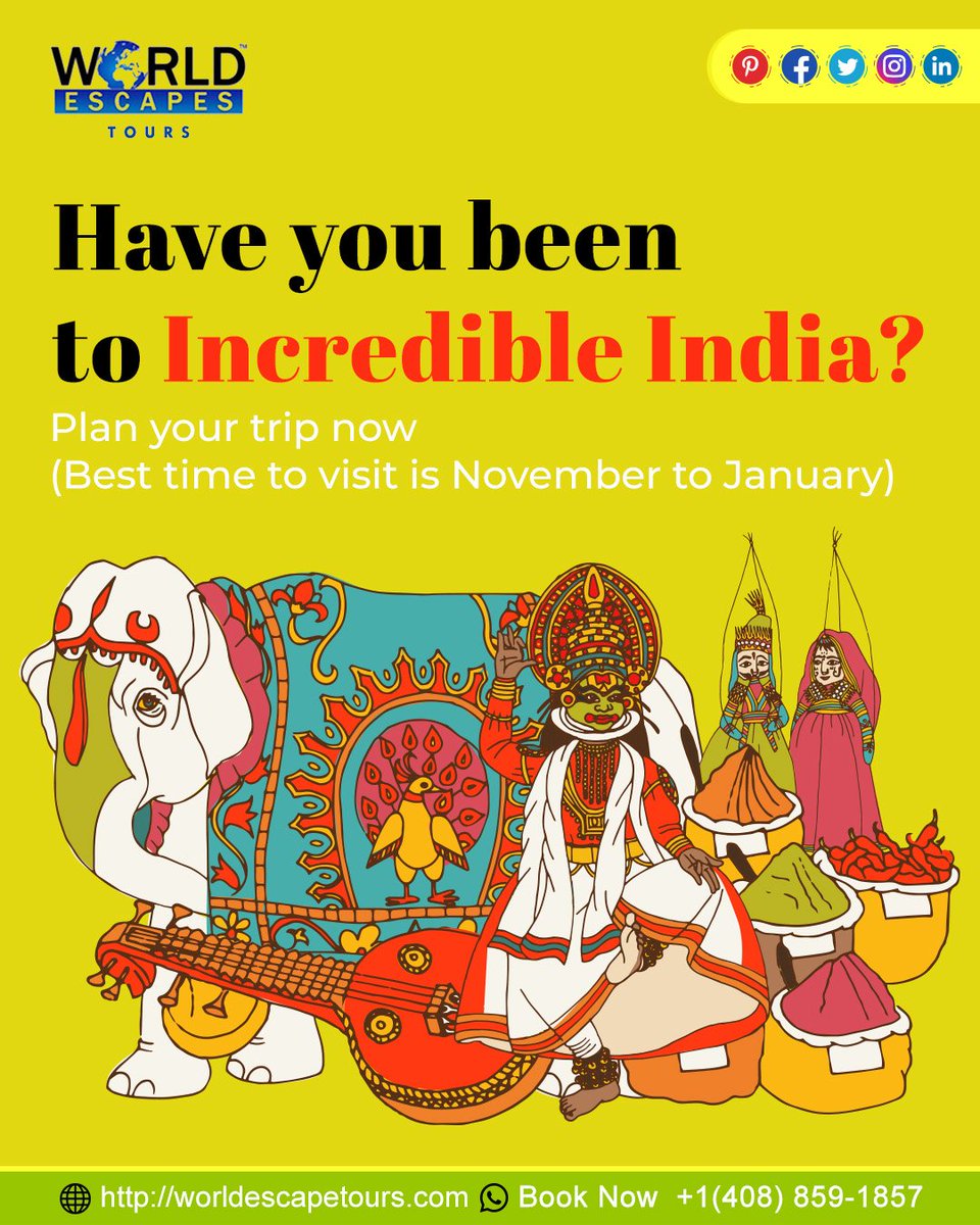 tours_escape's tweet photo. Have you been to #Incredible #India?
#Plan your #trip with us now for exciting deals &amp; experience the #Zest of #India with us.
(Best time to visit is #November to #January)
Get in touch with #World #Escapes #Tours as we have an upcoming #trip to #India in November. #Book NOW! https://t.co/gjbHdrJaxx