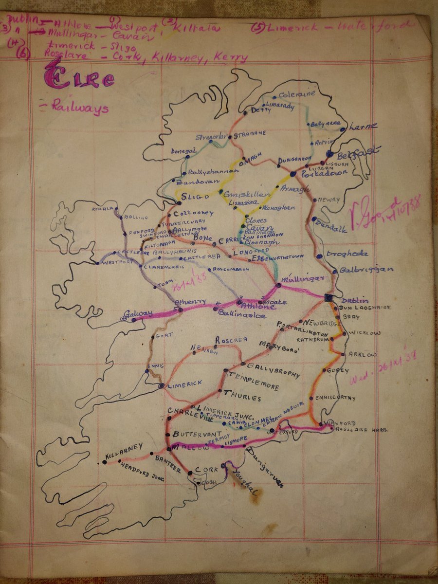 _geospatiality's tweet image. A map drawn by my grandad in 1939 as schoolwork showing the Irish railway network @IrishRail #beforeGIS