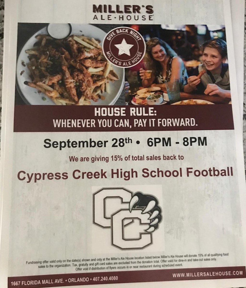 cypresscan1tech's tweet photo. CYPRESS CREEK BEARS "SPIRIT NIGHT" IS HERE..... Friday night 9/28 @ Miller's Ale House-Florida Mall

COME SUPPORT
@aysha_nickels @CypressCreekHS @CCHSBearBeisbol @CCHSBears @CCHS_GirlsHoops @CCHSBEARNATION @CCHSBand https://t.co/eIM8F3OpFr https://t.co/kh1UxF69He