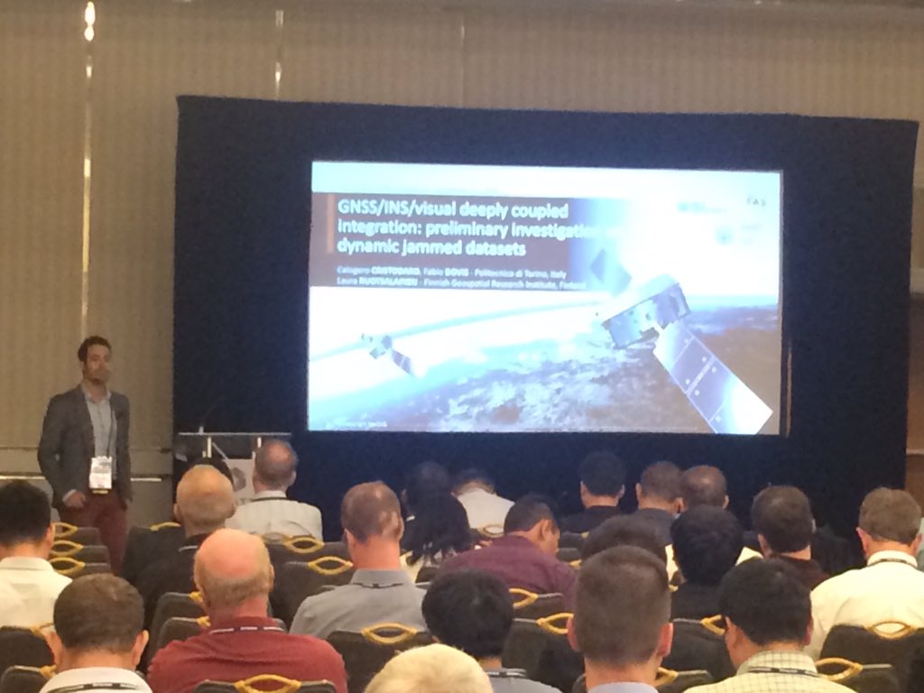 Integration of vision-based navigation and #GNSS positioning.  <a href="/CalogeroCri/">Calogero Cristodaro</a> of <a href="/PoliTOnews/">Politecnico di Torino</a> presenting at #iongnss the work developed together with <a href="/lauraruotsa/">Laura Ruotsalainen</a> at <a href="/fgi_nls/">FGI, NLS</a>
