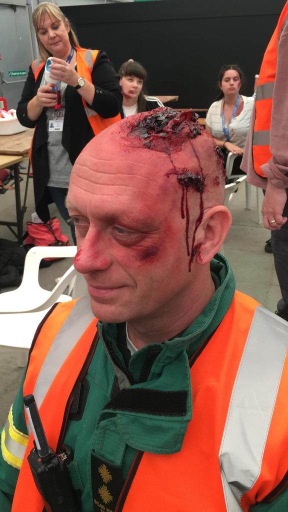 SCAS_HART's tweet photo. !!!FOR EXERCISE!!! Oh no, Team Leader Colin Rotchell has sustained a nasty head injury for today's scenario at the HART IRU final exercise. Incredible moulage make up by the @NARU_Education staff. #trainedtotreat #UKHART #Paramedics #multiagencyworking #JESIP https://t.co/DxbVFIVhqs