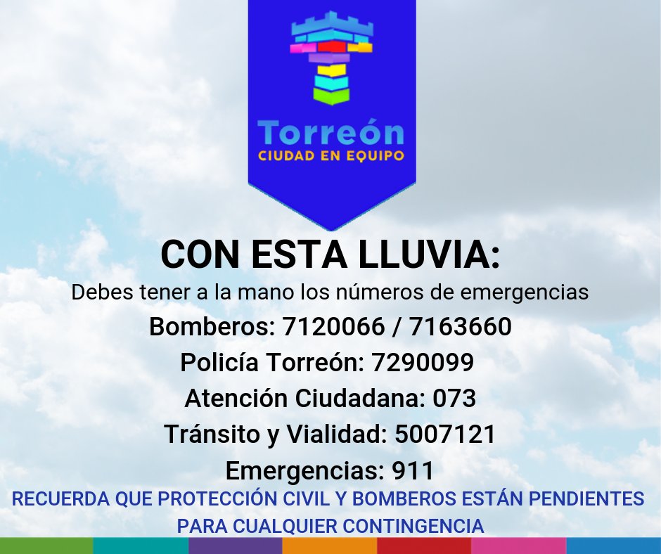 BomberosTRC's tweet photo. RECOMENDACIONES 🌧️🌧️ 
Y NÚMEROS DE EMERGENCIA🚒🚓🚨
#TorreónCiudadEnEquipo
#EnEquipoLoHacemosMejor https://t.co/C2LuW4Uz8U