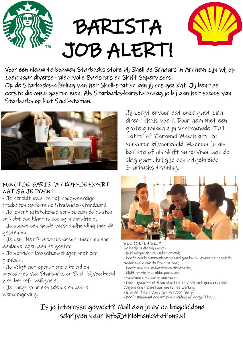 Vacatures <a href="/ThielBV/">ThielTankstationsBV</a>!
Voor een nieuw te bouwen #Starbucks
Store bij #Shell de Schaars zijn wij op zoek naar talentvolle Barista's en Shift Supervisors. Delen mag!
