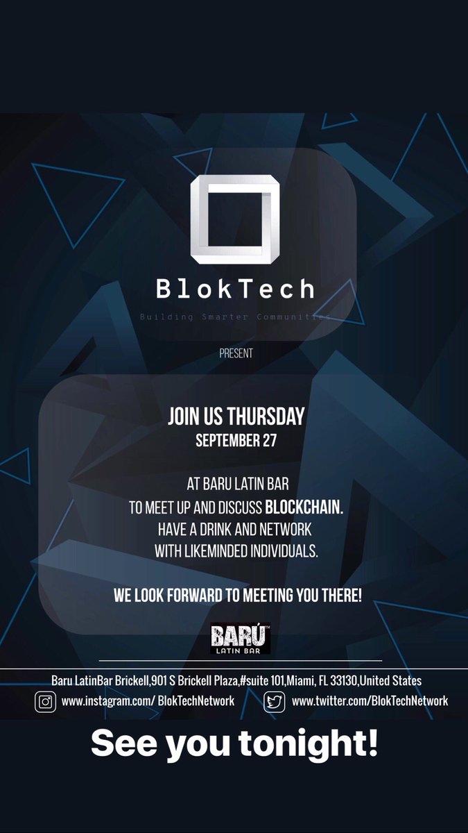 BlokTechUSA's tweet photo. Who’s coming tonight?

#crypto #cryptocurrency #btc #bitcoin #ltc #litecoin #dash #futures #trading #wealth #success #insta #money #invest #investment #portfolio #hodl #fud #fomo #mining #rig #gpu #miami #bloktech https://t.co/zJpNEhvLU6