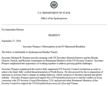 A readout by Spokesperson Heather Nauert on Secretary Pompeo's Participation in the P5 Ministerial Breakfast, September 27, 2018.