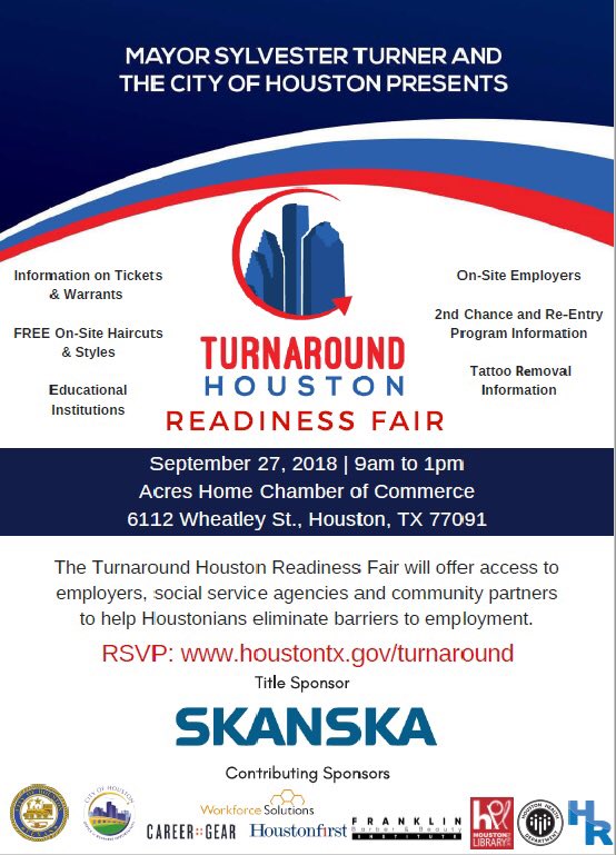 SylvesterTurner's tweet photo. Community/business leaders help residents overcome barriers to employment #TurnaroundHouston Readiness Fair in #AcresHomes presented by @HoustonOBO, @COHEmployeeNews, and more.
Title Sponsor: @SkanskaUSA
📅: Today
⏰: 9am-1pm
📍: 6112 Wheatley St.
https://t.co/qsg31QtCtP https://t.co/825iZSNdZe