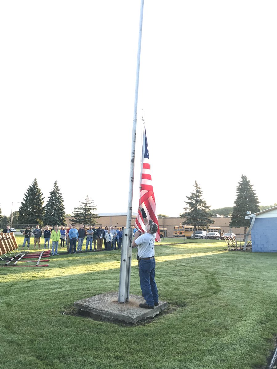 principalmeyers's tweet photo. @hssdbv Custodian Jeff Blake lowers the flag on his final day before retiring after over 30 years of employment @hssd. #committedemployee https://t.co/Jvg8Kw5KGe