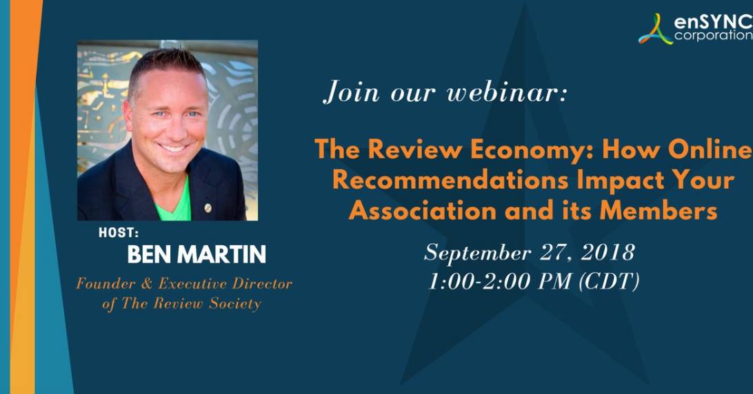 Discover the surprising connection between associations &amp; online reviews with our Exec Dir, <a href="/bkmcae/">Ben Martin, CAE</a>, on a 2pm ET webinar today courtesy of <a href="/ensync1/">enSYNC Corporation</a>: register.gotowebinar.com/register/51697… #AssnChat #ReviewChat