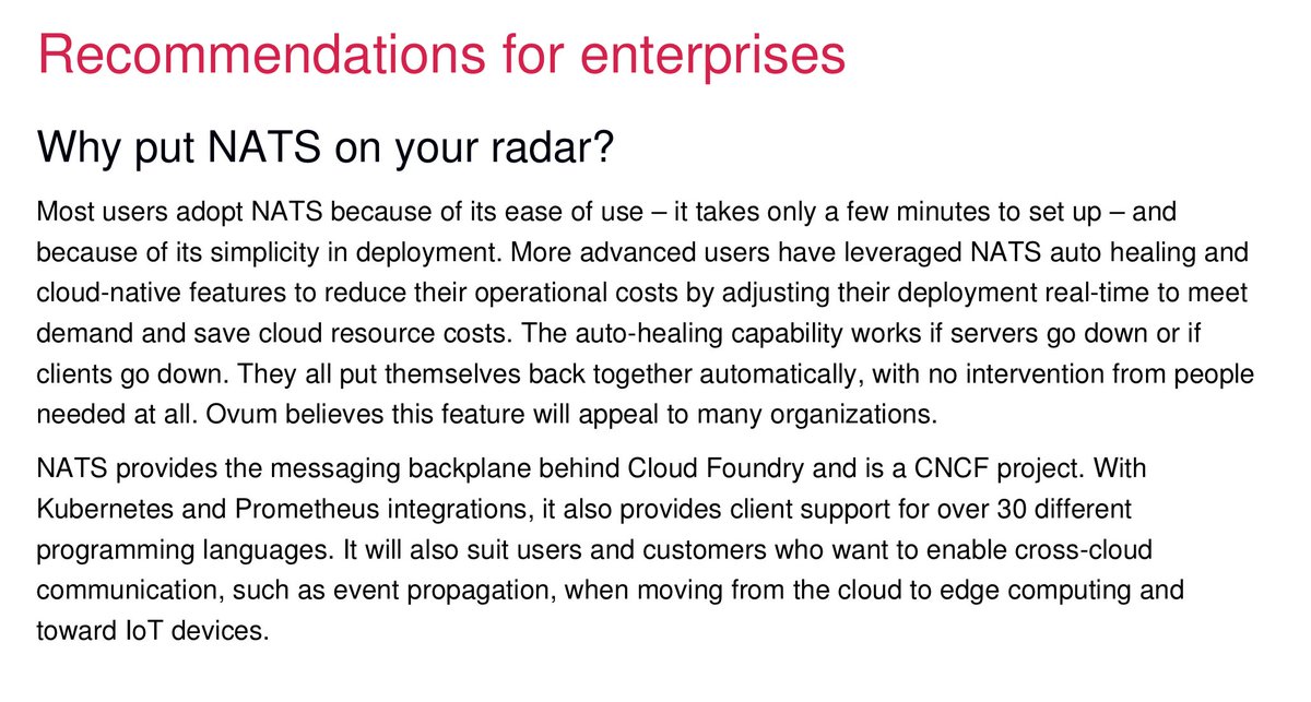CloudNativeFdn's tweet photo. #currentlyreading ➡️ this @Ovum "On The Radar" report, featuring @nats_io 🌟 "NATS is a new breed of #opensource messaging system designed for modern, #cloudnative architectures with an emphasis on simplicity and performance." 🔗 https://t.co/LRrpTwyXDZ https://t.co/XQ6Dy4ll1Y