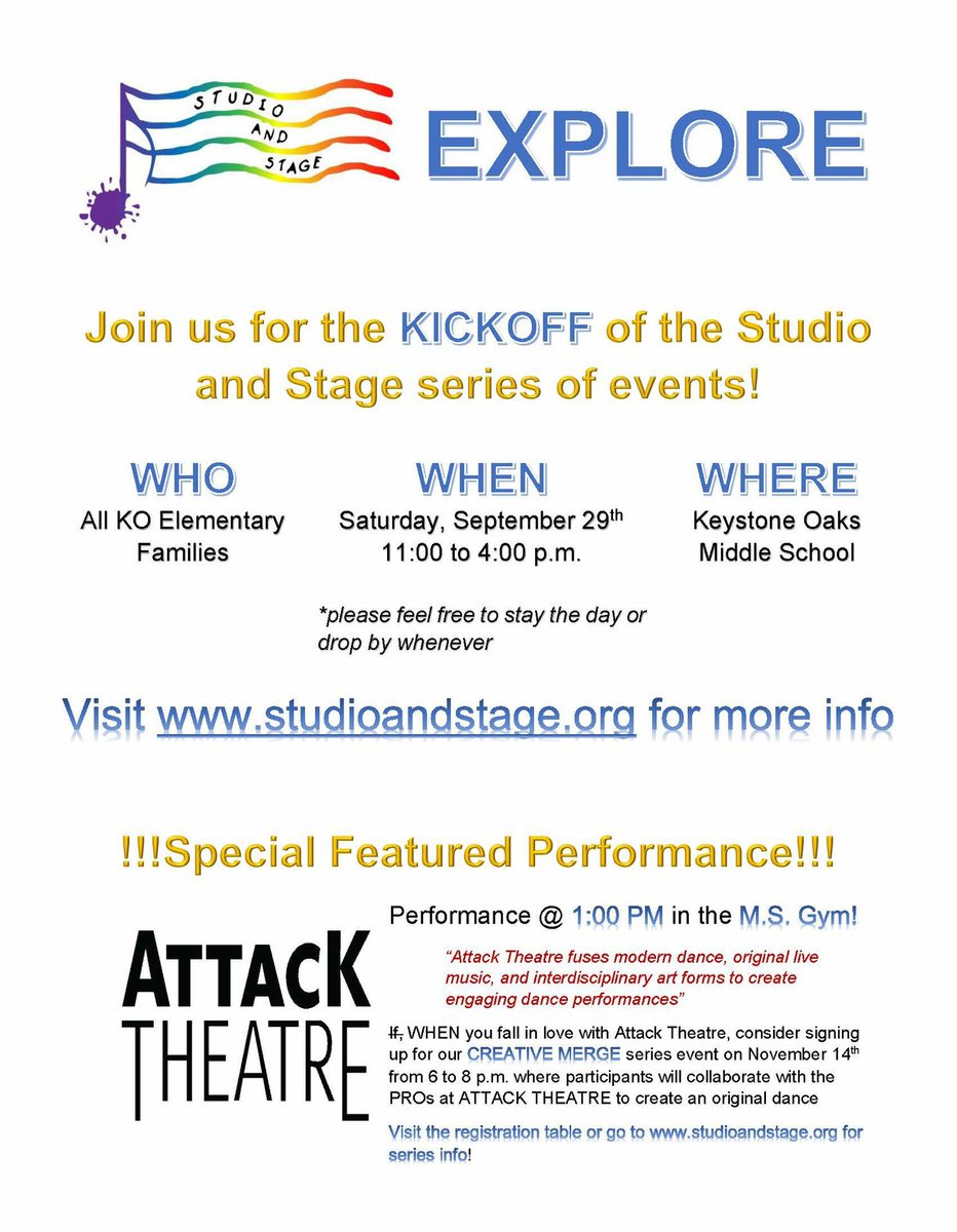 Elementary families! Join us for Studio &amp; Stage: Explore on Sat. @ 11 am for hands-on art and music activities and for a special free performance by <a href="/AttackTheatre/">Attack Theatre</a>! More details at studioandstage.org/explore-progra….