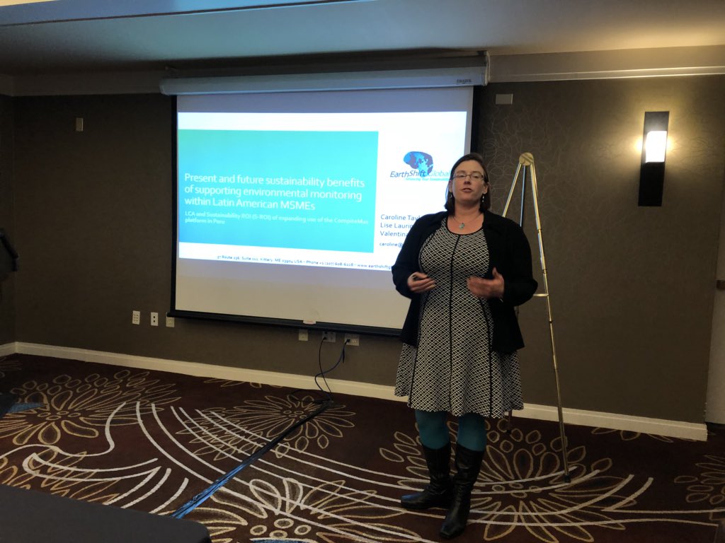 Hassanaelzein's tweet photo. Caroline Taylor from @EarthShiftGlbl talking about the present and future sustainability benefits of supporting environmental monitoring within Latin American MSMEs during #LCAXVIII @ACLCA https://t.co/Gr7JXaBLdM
