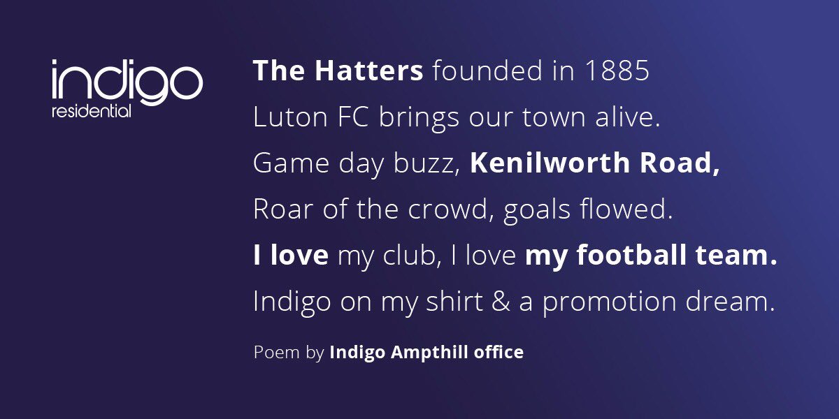 Indigo_Ampthill's tweet photo. Hey @Indigo_Res we’ve written a poem about @LutonTown. We know we can’t enter the competition - but we loved having a go &amp; joining in!

#IndigoAmpthill #IndigoResidential #DoingTheWriteThing https://t.co/rm6rnF2fxn