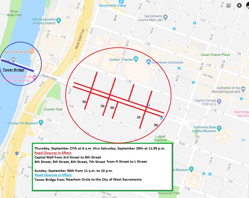 Sacramento Farm to Fork road closures this weekend on Capital Mall. Please plan accordingly while enjoying downtown and @Sacfram2fork events throughout the weekend!  farmtofork.com/farm-fork-fest… #sacpd