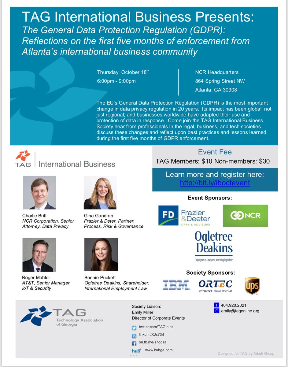 TAGibs's tweet photo. @TAGibs is excited to host its next event on the #GDPR and it’s impact on the ATL business community on 10/18 At @NCRCorporation’s new HQ in Midtown.  Join us for food, drinks, and a panel of experts discussing this hot topic. Register:  https://t.co/S4CtdHPi1C https://t.co/gyQO5t6QZr