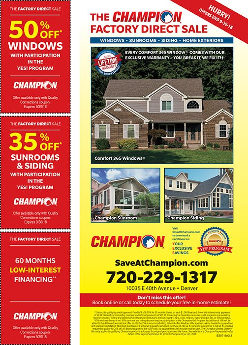 qcemag's tweet image. @ChampionWindow | Champion Windows and Home Exteriors of Denver are having the big factory direct sale. Save money on windows, siding and sunrooms. Visit the website for more details: championwindow.com. #denverwindows #champion #centennial #aurora