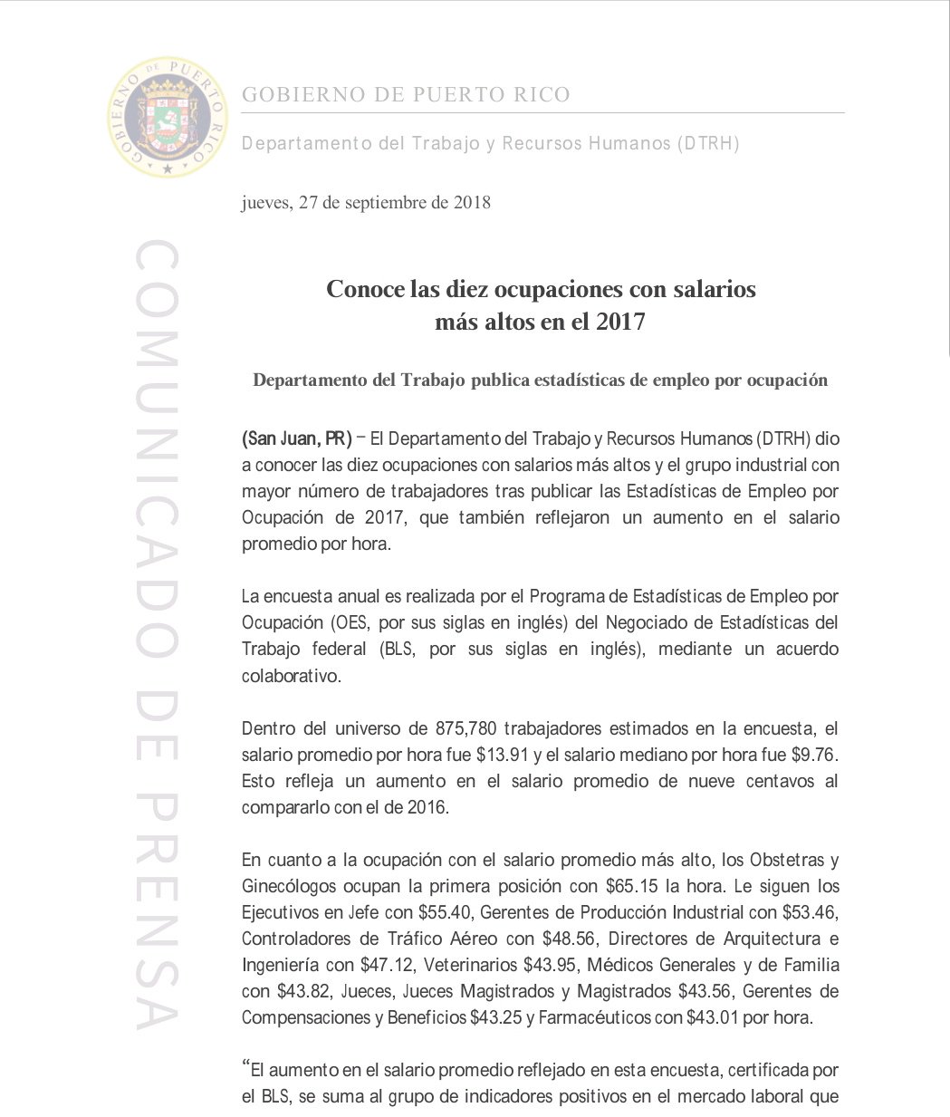 Depto. del Trabajo on Twitter: "[COMUNICADO DE PRENSA] Conoce las diez  ocupaciones con salarios más altos en el 2017 | Las estadísticas de empleo  por ocupación también reflejaron un aumento en el