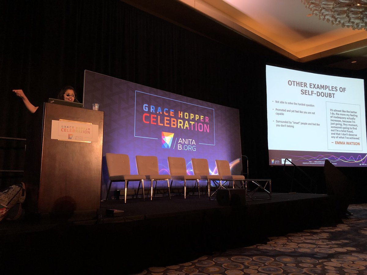 Synopsys's tweet photo. Great talk from Kajal Gada on #impostersyndrome and how to overcome it!

“I am capable” - Kajal Gada 

#WeAreHere #SNPSatGHC18 #GHC18 https://t.co/7p3HotG8Se