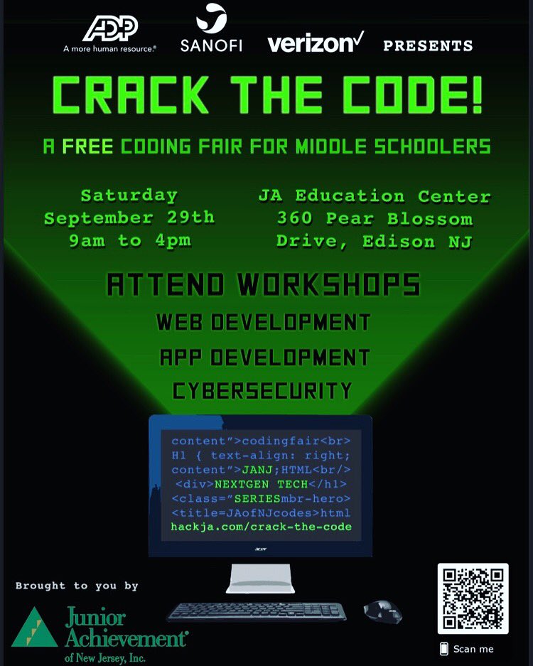 JANJHeroes's tweet image. It’s not too late to sign up! Attend workshops run by high school mentors, complete challenges, and win prizes! Sign up at hackja.com/crack-the-code
#coding #codingfair #STEM #computerscience #tech #webdevelopment #appdevelopment #cybersecurity #html #javascript #scratch #nj