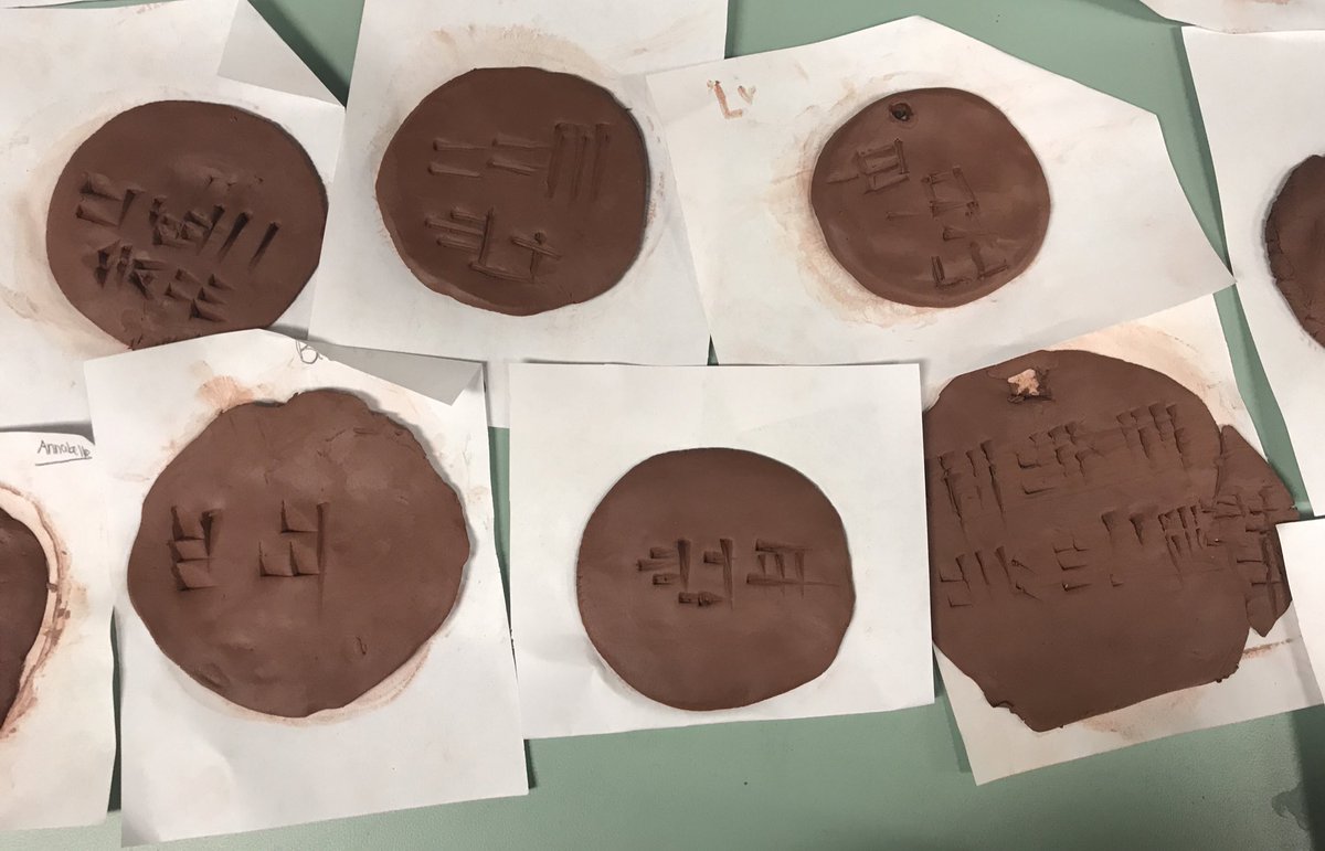 QuinnShawn's tweet photo. We watched a @britishmuseum vid with Dr. Irving Finkel on #cuneiform and students wanted to try their hand at it. @bgjhs #edtech #edexplore #awesomenewtablets https://t.co/JiUPjuB5H0