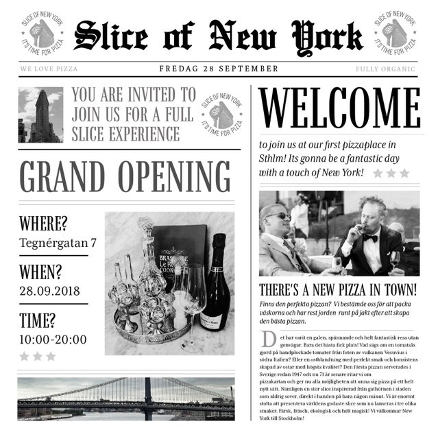 Fredag 28/9 (imorgon) slår vi upp dörrarna. Från 10:00 serverar vi en helt ekologisk pizza med inspiration från New York. Vi finns på Tegnérgatan 7 i Stockholm och utlovar en grym pizzaupplevelse. Kika förbi och häng med oss! #sliceofnewnyse #organicpizza #pizzaslice