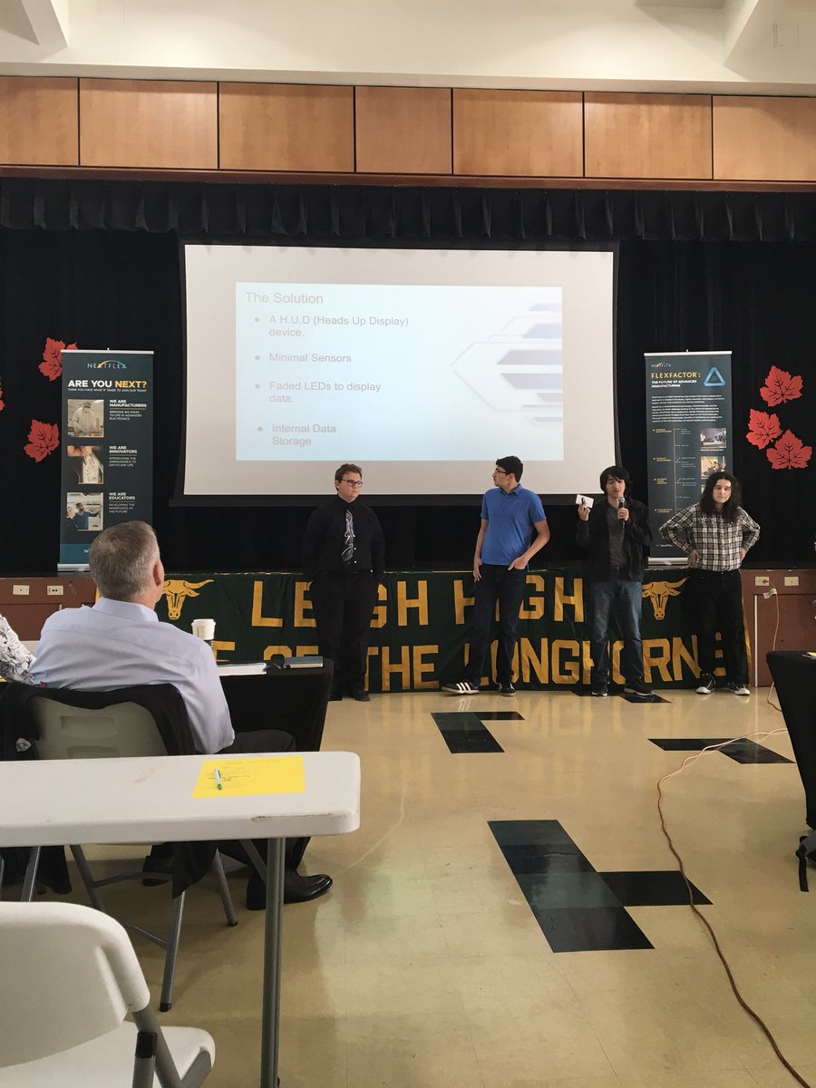 mycuhsd's tweet photo. How many of you have seen shark tank? Leigh High School students are pitching their innovations to a panel of industry leaders as part of FlexFactor #sharktank #mycuhsd #nextflex https://t.co/JkWulpesRX