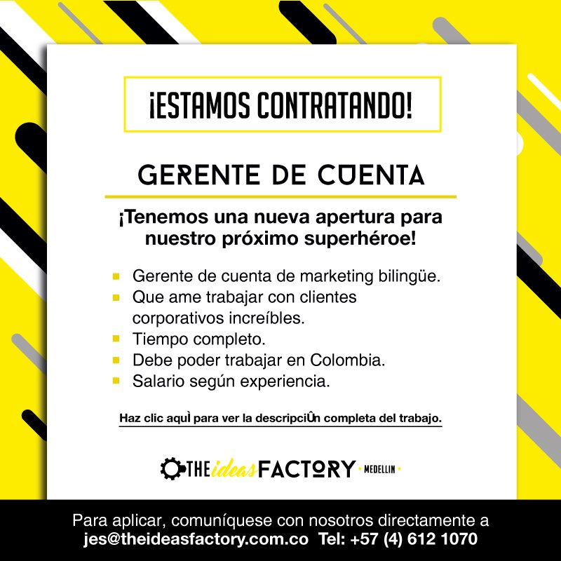 TIFmedellin's tweet photo. #TrabajoSiHay y en @TheIdeasFactory estamos buscando nuev@s super heroes  para hacer parte de nuestro equipo. Si estas interesado en alguna de nuestras vacantes envíanos tu hoja de vida a los correos establecidos, dejando claro el cargo. https://t.co/LFHFvgZQbJ