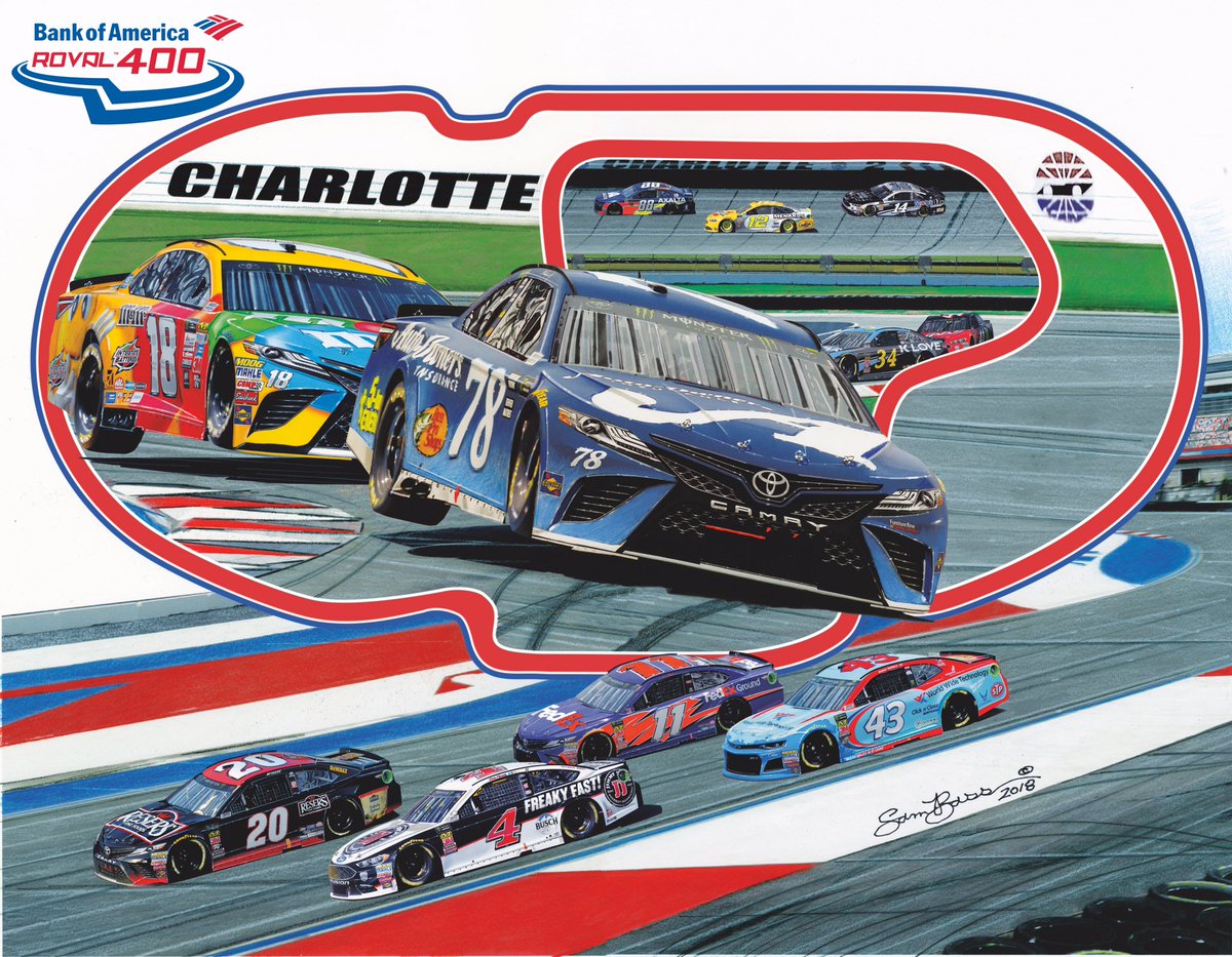 sambassartist's tweet photo. Today, I am thrilled to unveil my latest artwork for @CLTMotorSpdwy & the Bank of America ROVAL 400. This painting was a tremendously exciting project, given it is the inaugural run on the ROVAL.Programs go on sale at the speedway today. https://t.co/ga6MzPoLpm https://t.co/fytKN9MA98