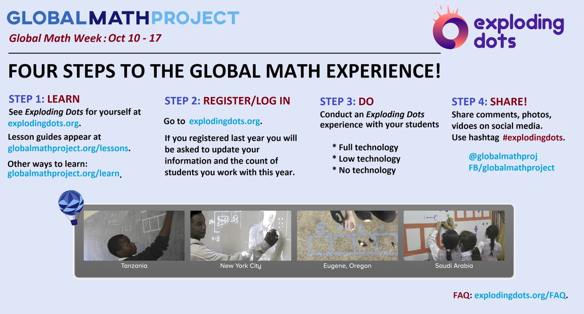 Global Math Week 2018 is now officially open! The updated registration process is all set &amp; the countdown is now officially on! Let's turn 4.7M to 10M! explodingdots.org. Moreover: Entire site is now available in SPANISH,  FRENCH, POLISH, ENGLISH &amp; SWAHILI! <a href="/GlobalMathProj/">The Global Math Project</a>