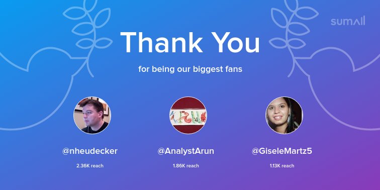 Our biggest fans this week: <a href="/nheudecker/">Nick Heudecker</a>, <a href="/AnalystArun/">Arun Chandrasekaran</a>, <a href="/GiseleMartz5/">Giselle Oliveira</a>. Thank you! via sumall.com/thankyou?utm_s…