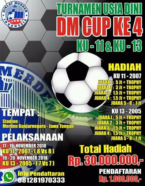 Banjarnegara__'s tweet photo. Turnamen Sepak Bola DM Cup Ke - 4 • Total Hadiah Rp 30.000.000 • 17-20 November 2018 • Stadion Urang Jaya , Desa Merden , Kecamatan Purwanegara , Banjarnegara
#DiklatMerden
#DMCup https://t.co/73PAY560F3