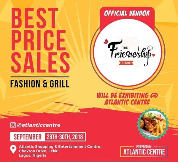 Hey guys!! We will be at the Atlantic Centre @ Chevron drive Lagos from the 28th-30th September. Come hang with us! 
Contact us on 080985933224.
We’ll be expecting you.
Come and enjoy our affordable prices and witness the best discounts ever!!
#eventsinlagos #naijabusinesses