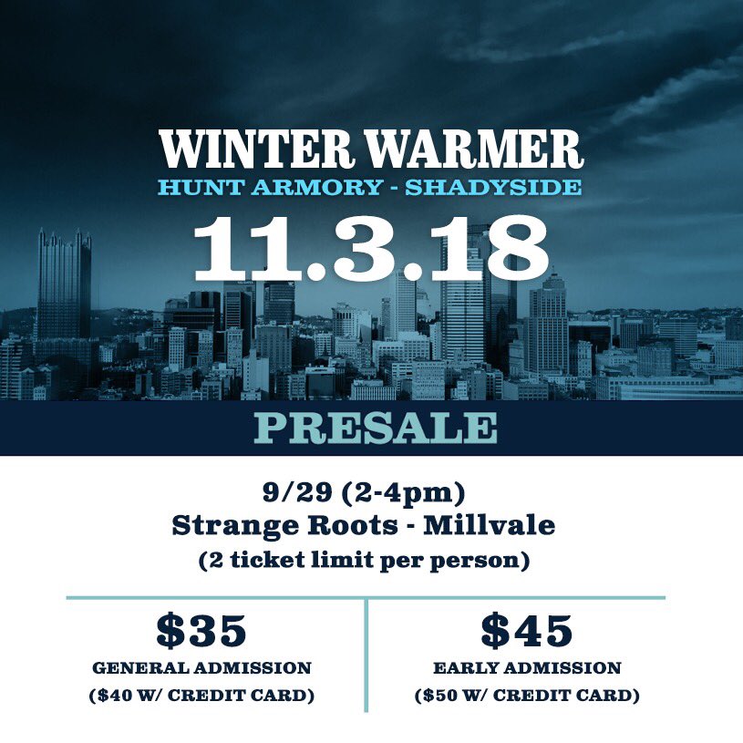 The Beers of the Burgh Winter Warmer Presale is THIS Saturday (9/29) at <a href="/strangerootspgh/">Strange Roots Experimental Ales</a> (Millvale location)!

General Admission presale tickets are $35 cash ($40 with credit card)

Early Admission presale tickets are $45 cash ($50 w/ credit card)

 2 ticket limit per person.