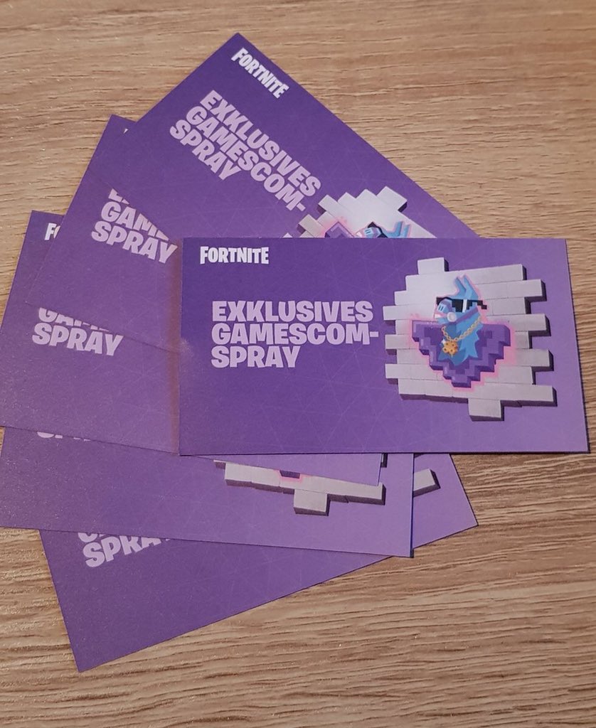 mw3clip's tweet photo. still got 3 codes, 15€ each if someone is interessed dm. Only Usable until 30.9 this month!! #FortniteSpray #Fortnite #Gamescom2018 #GamescomSpray #LamaSpray https://t.co/8WreanbGWu