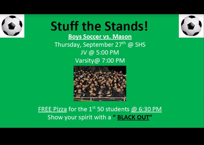 GoAvesAthletics's tweet photo. Calling All Aviators! Let's be sure to "Stuff the Stands" in Black tonight against Mason! The first 50 students will receive FREE PIZZA! #GoAves #StuffTheStands #BeatMason #FreePizza @SYC_AVES https://t.co/vJtsrJVyMJ