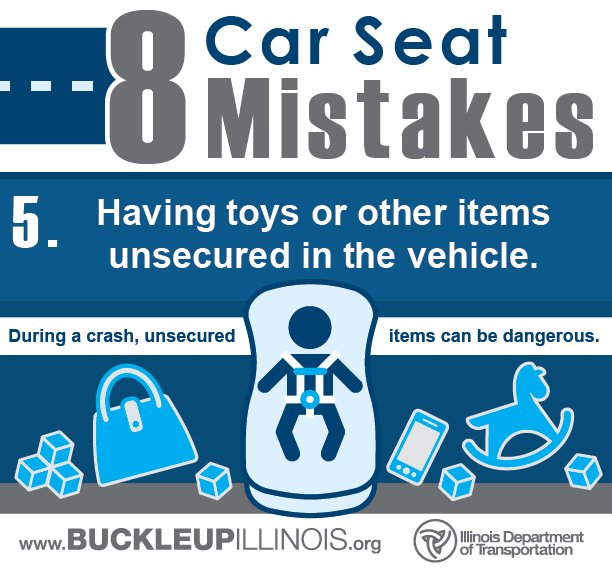 IDOT_Illinois's tweet photo. In the event of a crash, loose toys can become dangerous projectiles. Try to keep the toys to a minimum. #8Mistakes #TheRightSeat https://t.co/6R3SLiO1pp