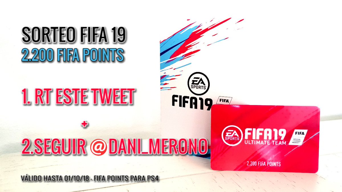 Dani_Merono's tweet photo. REGALO 2.200 FIFA POINTS para #FIFA19 🎁 de @EASPORTSEsp

🏆Para participar en el sorteo hay que seguir estos 2 pasos

1°.🔁RT este Tweet  +

2°.↪Seguir @dani_merono en Twitter

Mucha suerte 🏆(Válido hasta 01-10-18 para PS4) 🎁🎁

⚽️"Es la hora de los Campeones"⚽️

SUERTE https://t.co/msjwANDCbz