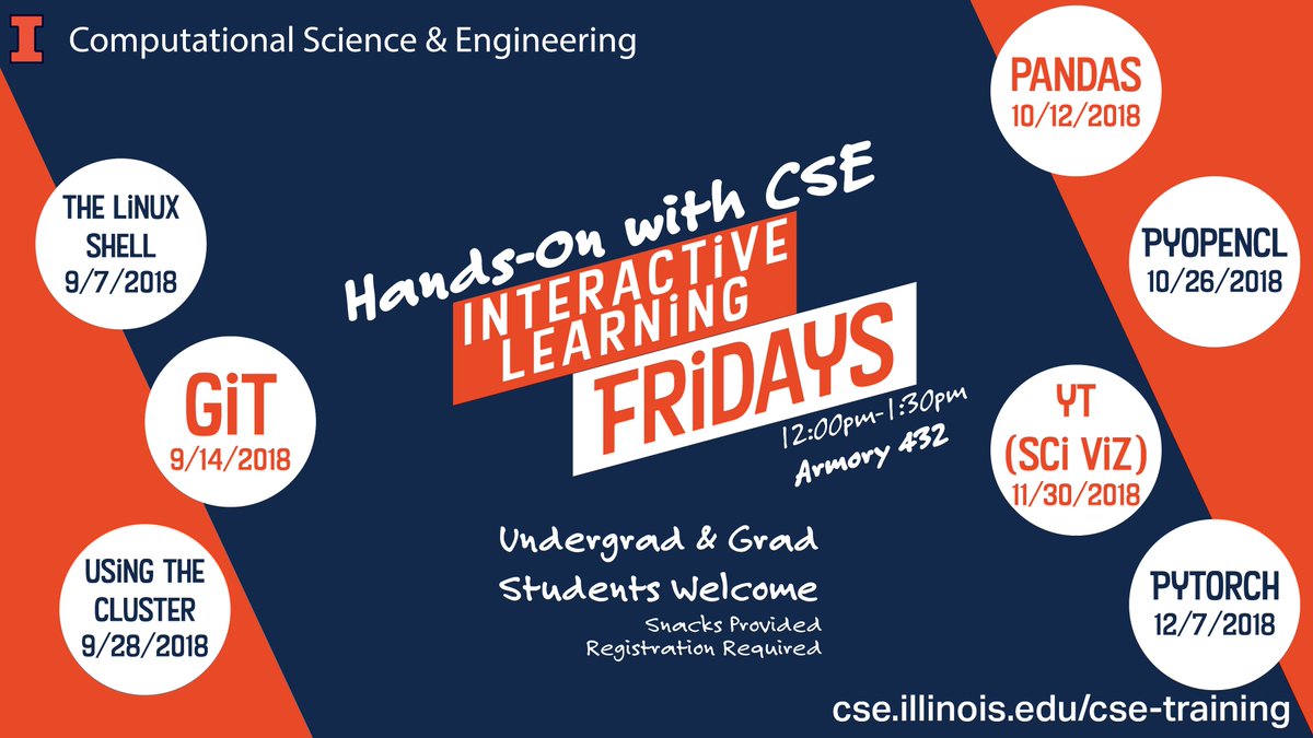 cse_uiuc's tweet photo. Hands-On with CSE: Interactive Learning Fridays Tutorials

https://t.co/SES4DGDjvA

October 12:  Pandas
October 26:  PyOpenCL
November 30:  YT (sc viz)
December 7:  Pytorch

Open to Undergrad and Grad Students 
Free 
Registration Required
Bring Your Laptop https://t.co/DxIEsOibUF