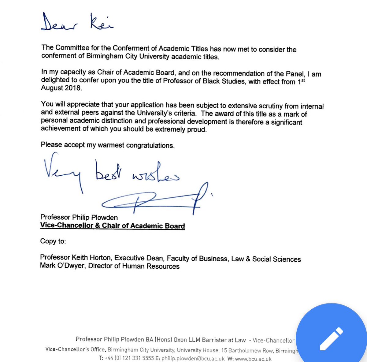 Now you really can call me 'Professor of Black Studies'. Very proud to be awarded the title by <a href="/MyBCU/">Birmingham City University</a> It's a mark of recognition for all the work that has gone into #BlackStudiesBCU and the legacy of Black Studies in the UK. Big thanks to everyone who has been involved ✊🏾