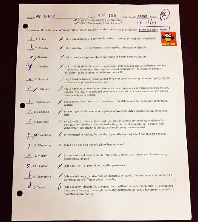 SamFuller04's tweet photo. So I went to observe an AP English Language class and the teacher asked if I wanted to take the test...I didn’t know she would grade it 😳!! #DidNotStudy #ReadTheInstructions #AllReallyMeansAll #APAcademy #PonyUp https://t.co/Y2FtXRtjq3