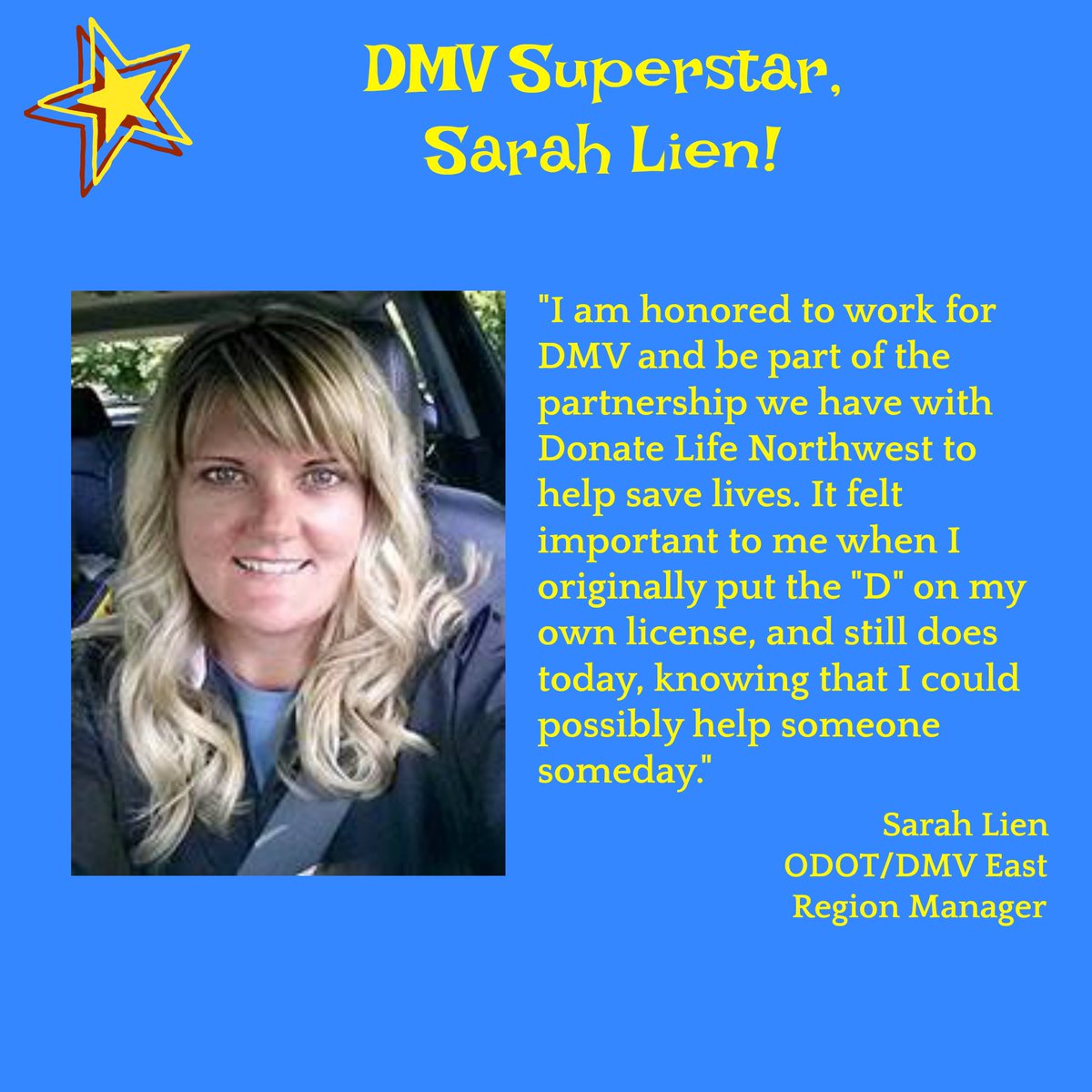 donatelifenw's tweet photo. Shout-out to this @OregonDOT and DMV Superstar! Sarah shares her passion with her employees, often mobilizing them to take part in events that raise awareness. Sarah and her DMV colleagues are lifesavers! #DMVWeek #donatelife https://t.co/07iWxyfG7r