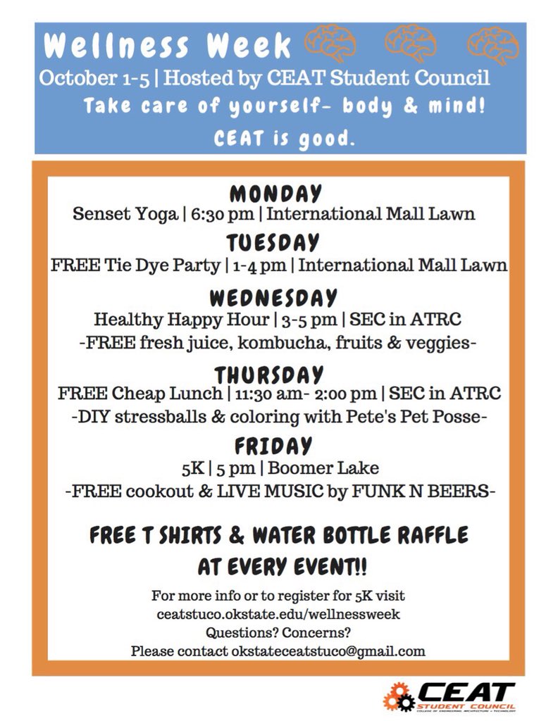 CEATstuco's tweet photo. Next week is Wellness Week! Come take a study break at one of our great events! Free t-shirts and giveaways at each event! https://t.co/Pdt0W2xWdC