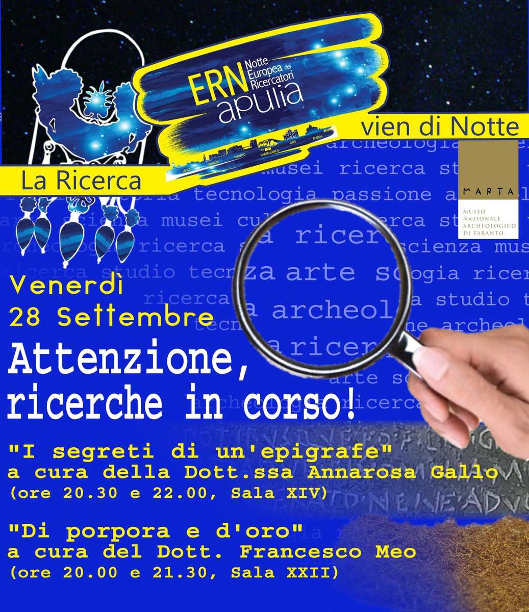 museo_marta's tweet photo. Ricerche in corso al @museo_marta #nottericercatori 28 #settembre ingresso 20h-23h solo 4€. #ERNApulia #ERNItaly #MSCAnight Annarosa Gallo @UniBari e Francesco Meo @unisalento racconteranno risultati loro ricerche rispettivamente su epigrafi latine e su archeologia del tessuto https://t.co/aaeqQ02vxk