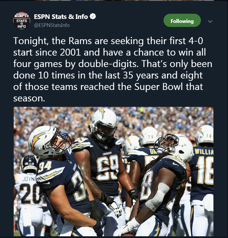 CameronMcwatt's tweet photo. .@ESPNStatsInfo you may want to let the intern know that's the Chargers not the Rams. #HowEmbarrasingForYou https://t.co/NmgJOfg8ew